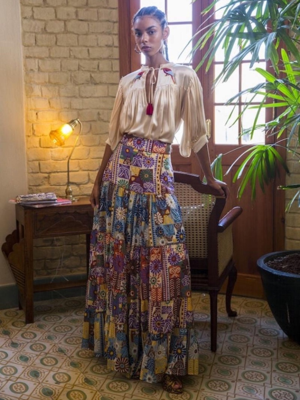 Carolina K Catalina Maxi Tiered Skirt S Floral Tile Organic Cotton Boho Artisan